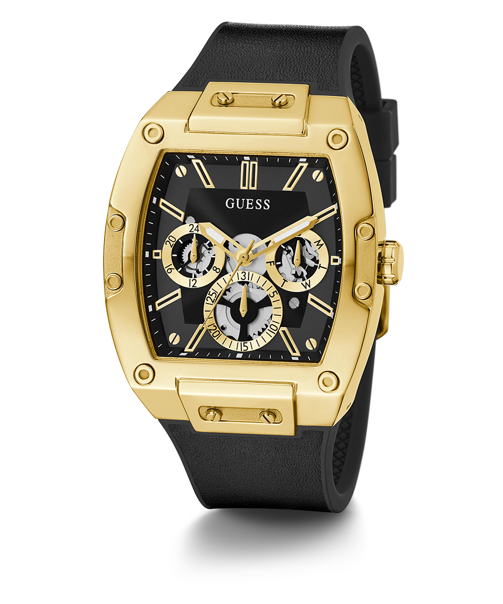 GUESS Mens Black Gold Tone Multi-function Watch