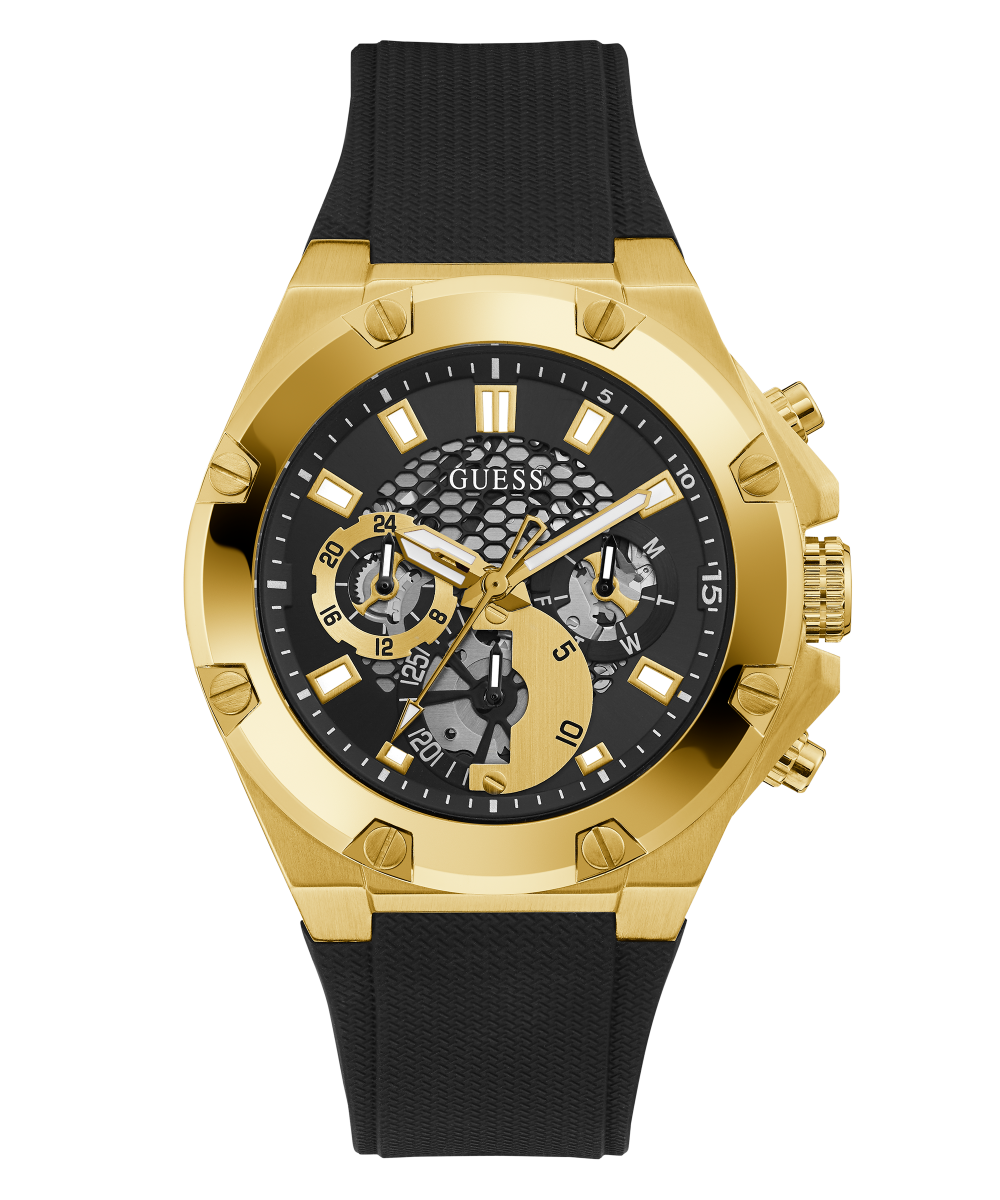 GUESS Mens Black Gold Tone Multi-function Watch