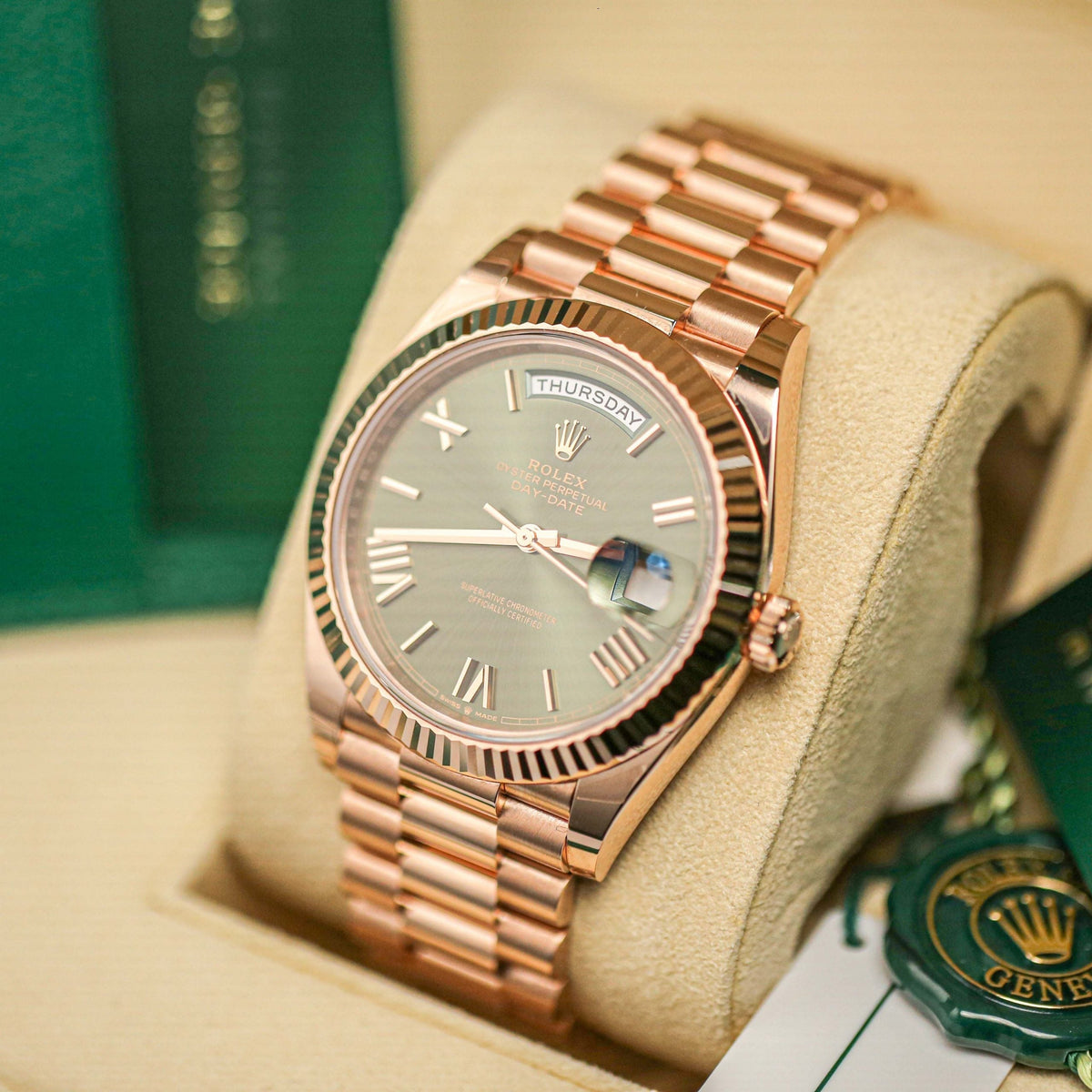 Rolex Everose Gold Day-Date 228235 Olive Green Dial Watch