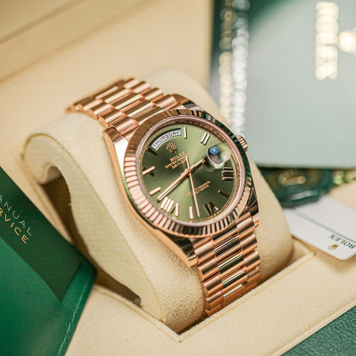 Rolex Everose Gold Day-Date 228235 Olive Green Dial Watch