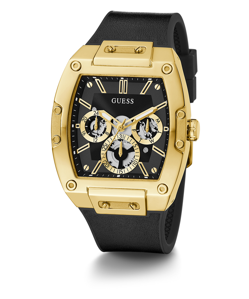 GUESS Mens Black Gold Tone Multi-function Watch