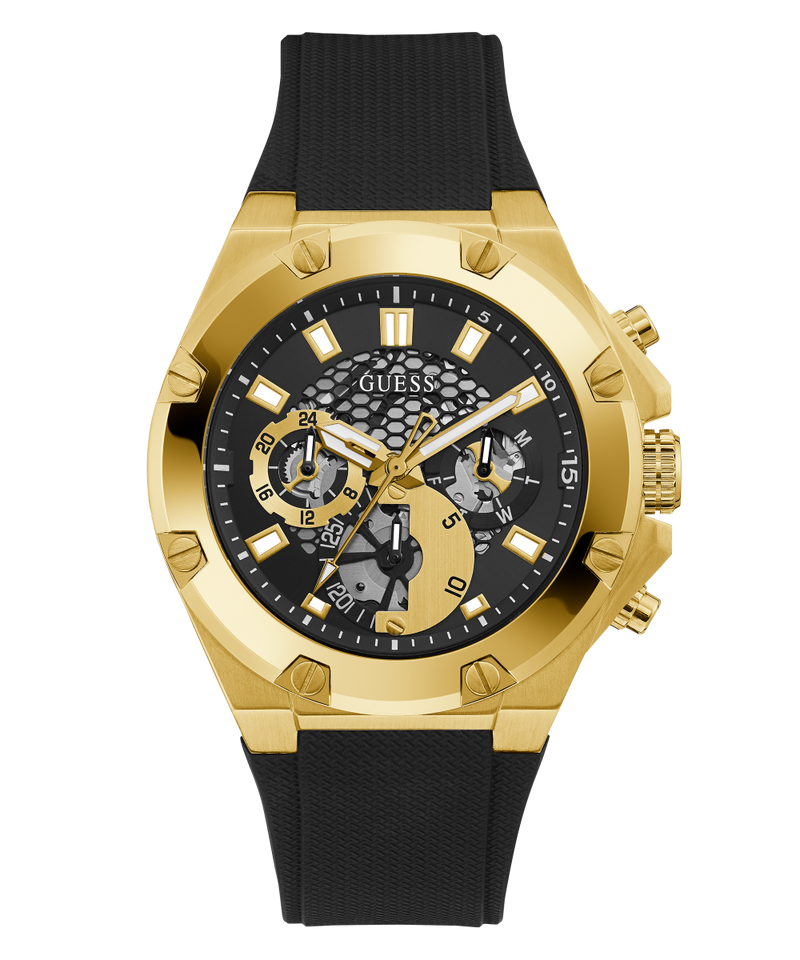 GUESS Mens Black Gold Tone Multi-function Watch