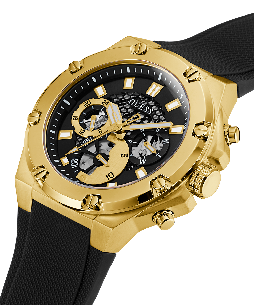 GUESS Mens Black Gold Tone Multi-function Watch