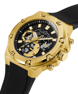 GUESS Mens Black Gold Tone Multi-function Watch