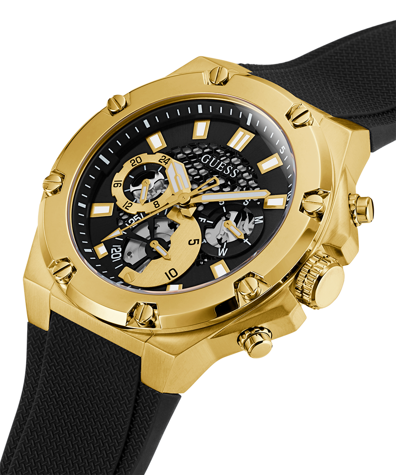 GUESS Mens Black Gold Tone Multi-function Watch