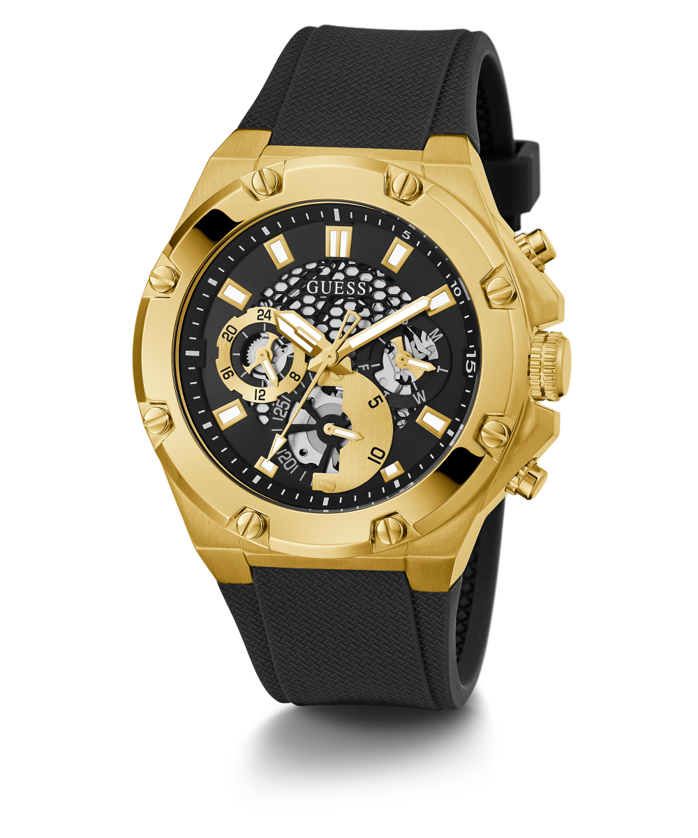 GUESS Mens Black Gold Tone Multi-function Watch