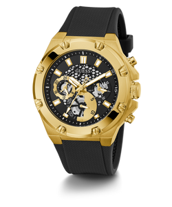 GUESS Mens Black Gold Tone Multi-function Watch