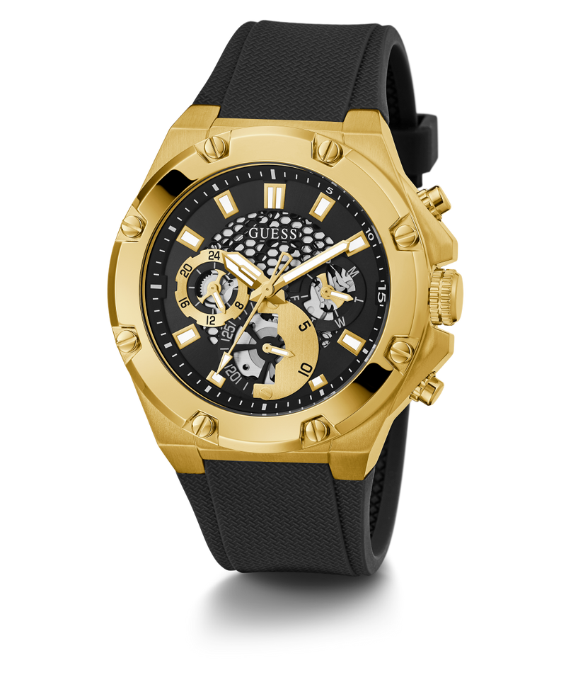 GUESS Mens Black Gold Tone Multi-function Watch