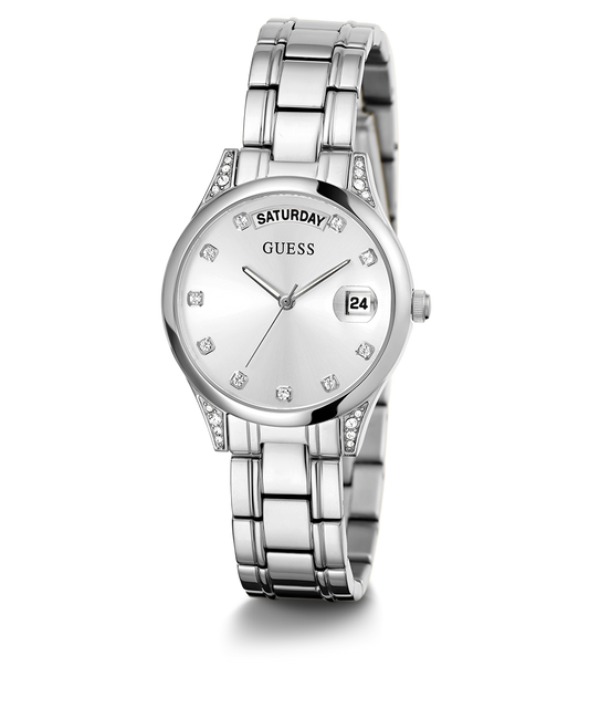 GUESS Ladies Silver Tone Day/Date Watch