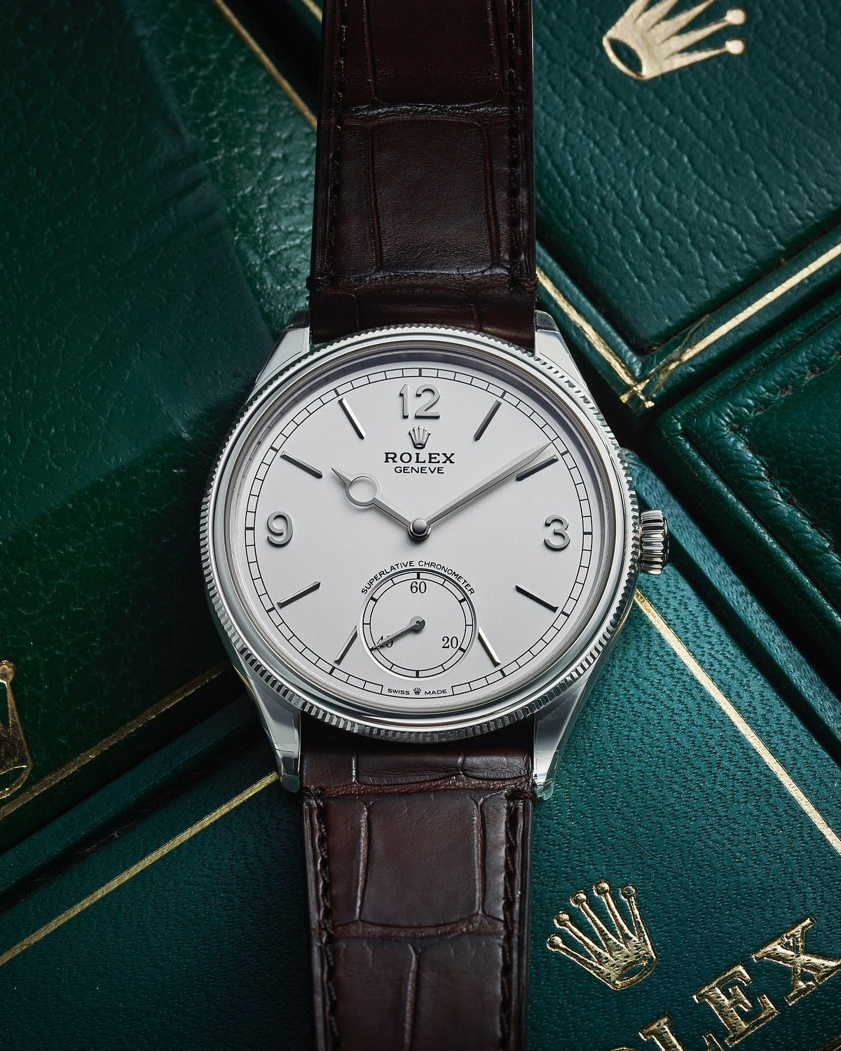ROLEX PERPETUEL 1908 39 MM CUIRE MARRON  FOND BLANC