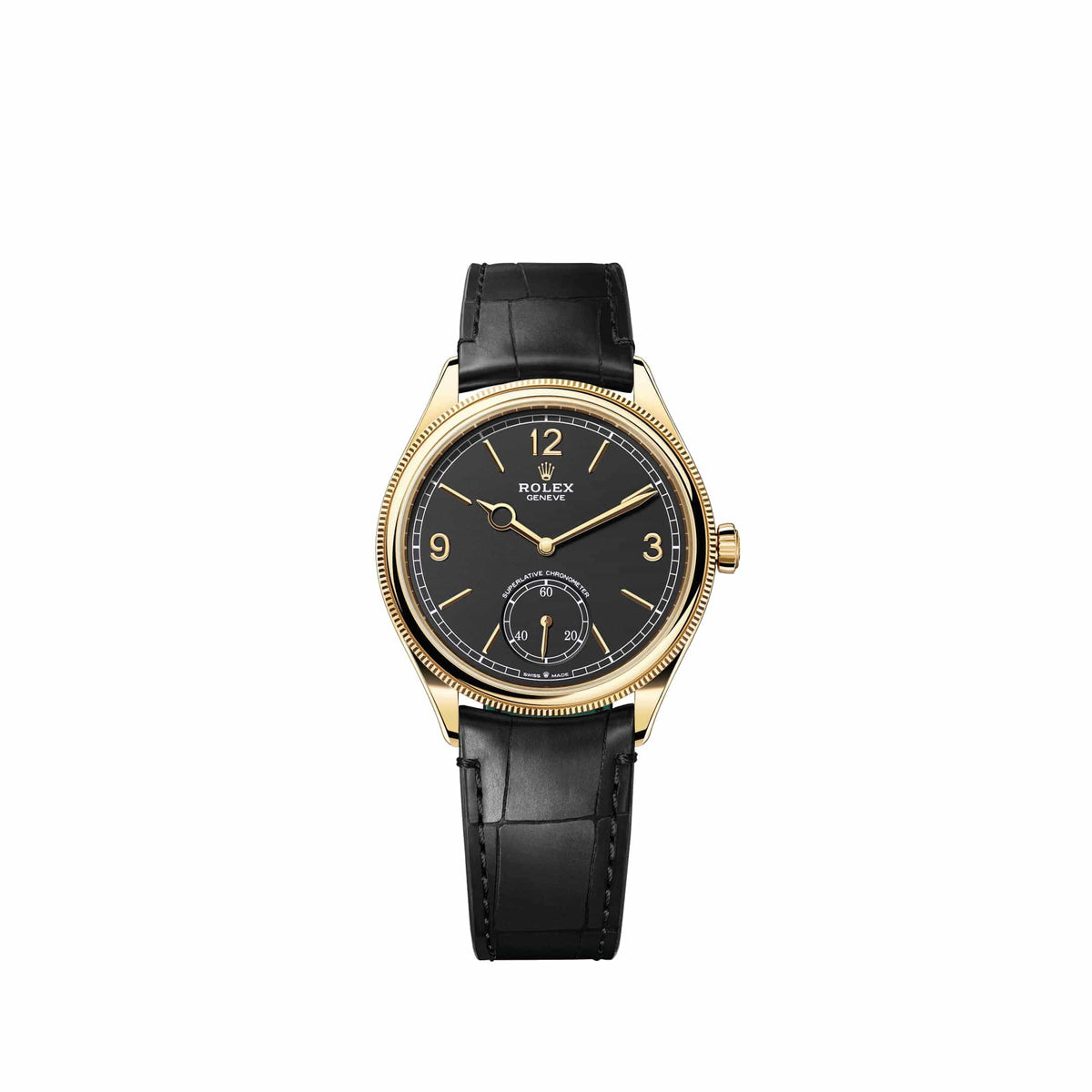 ROLEX PERPETUEL 1908 39 MM DORÉ CUIRE NOIRE FOND NOIR
