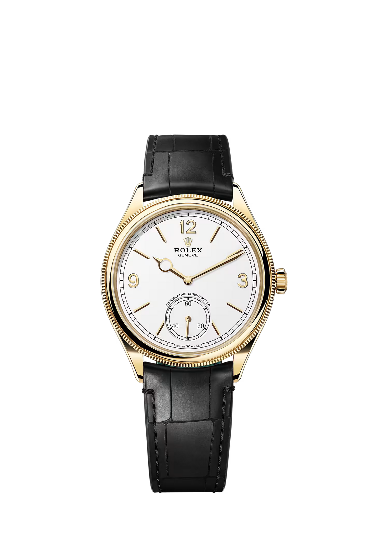ROLEX PERPETUEL 1908 39 MM DORE CUIRE NOIR FOND BLANC