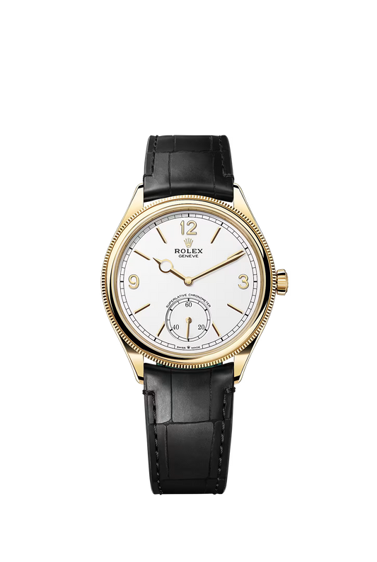 ROLEX PERPETUEL 1908 39 MM DORÉ  CUIRE MARRON FOND BLANC